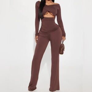 Fashion Nova Chocolate Off-Shoulder Jumpsuit
